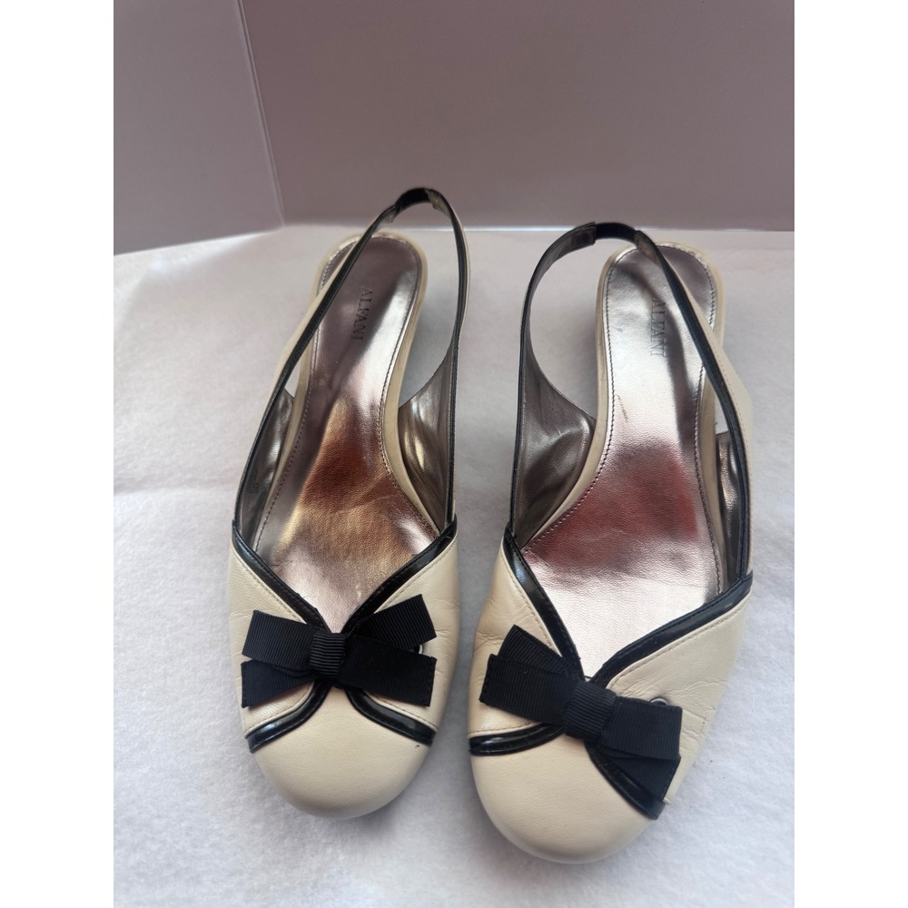 Alfani Kendal Women 9M Cream Black Bow Slingback Low Block Heel Pumps Shoes